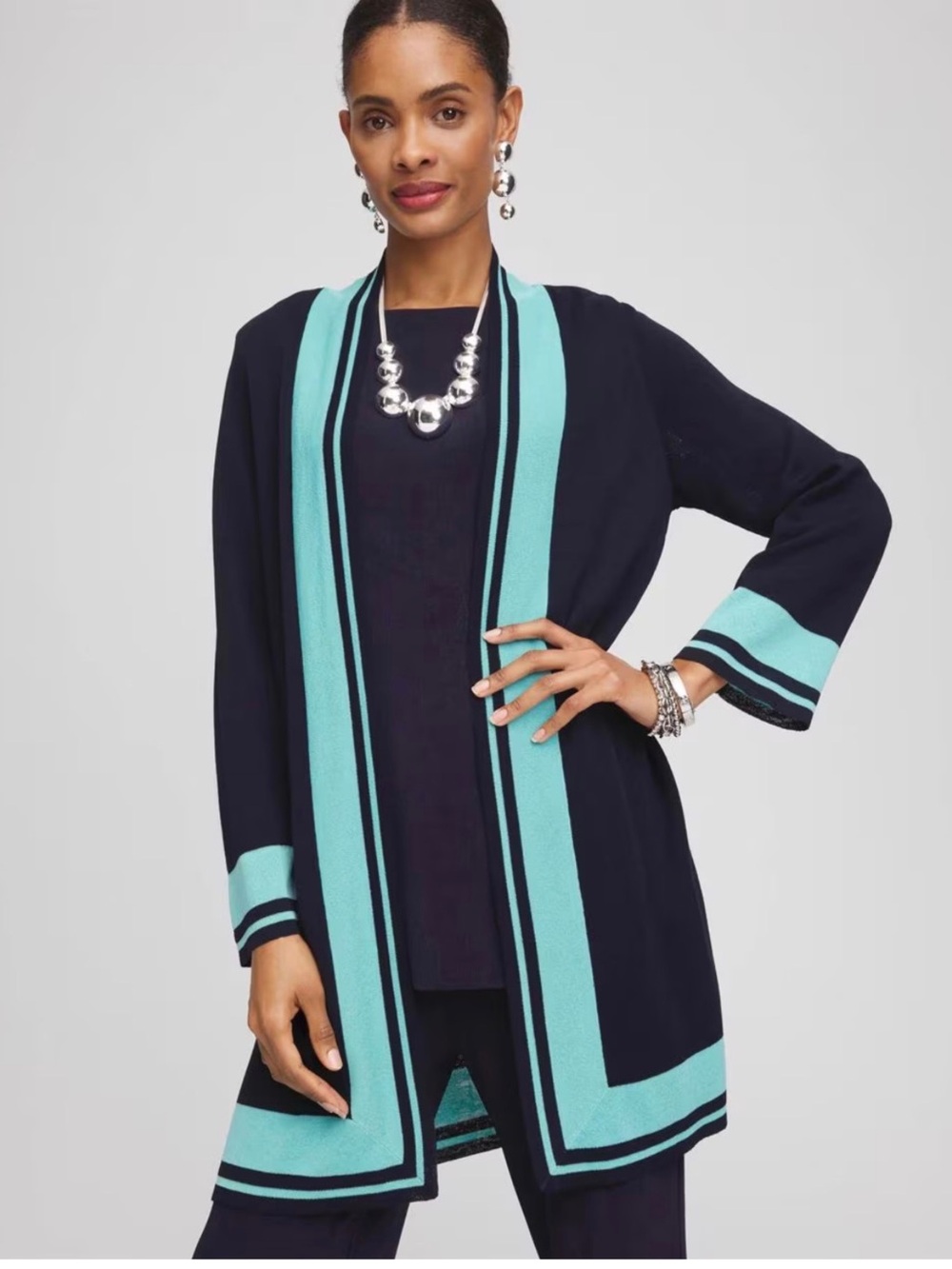Chico’s Travelers™ Open-Front Cardigan Teal Blue Black Jacket Sweater